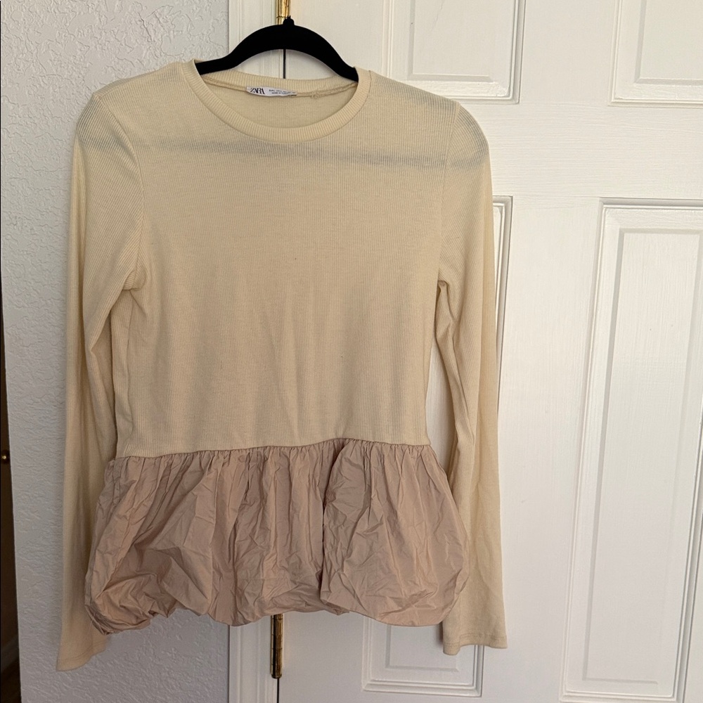 Zara Cream and Tan Peplum Blouse